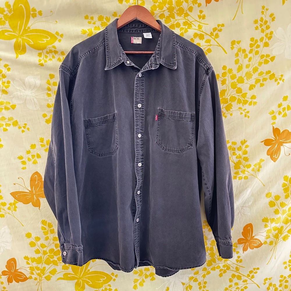 Levis Red Tab Mens XXL Black Denim Button Down Shirt Long Sleeve Faded Cotton